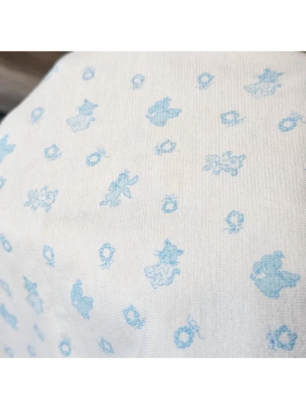 VTG Carters Baby Blanket‎ White Blue Critters Pastel Cat Bear Soft Cotton 36x36